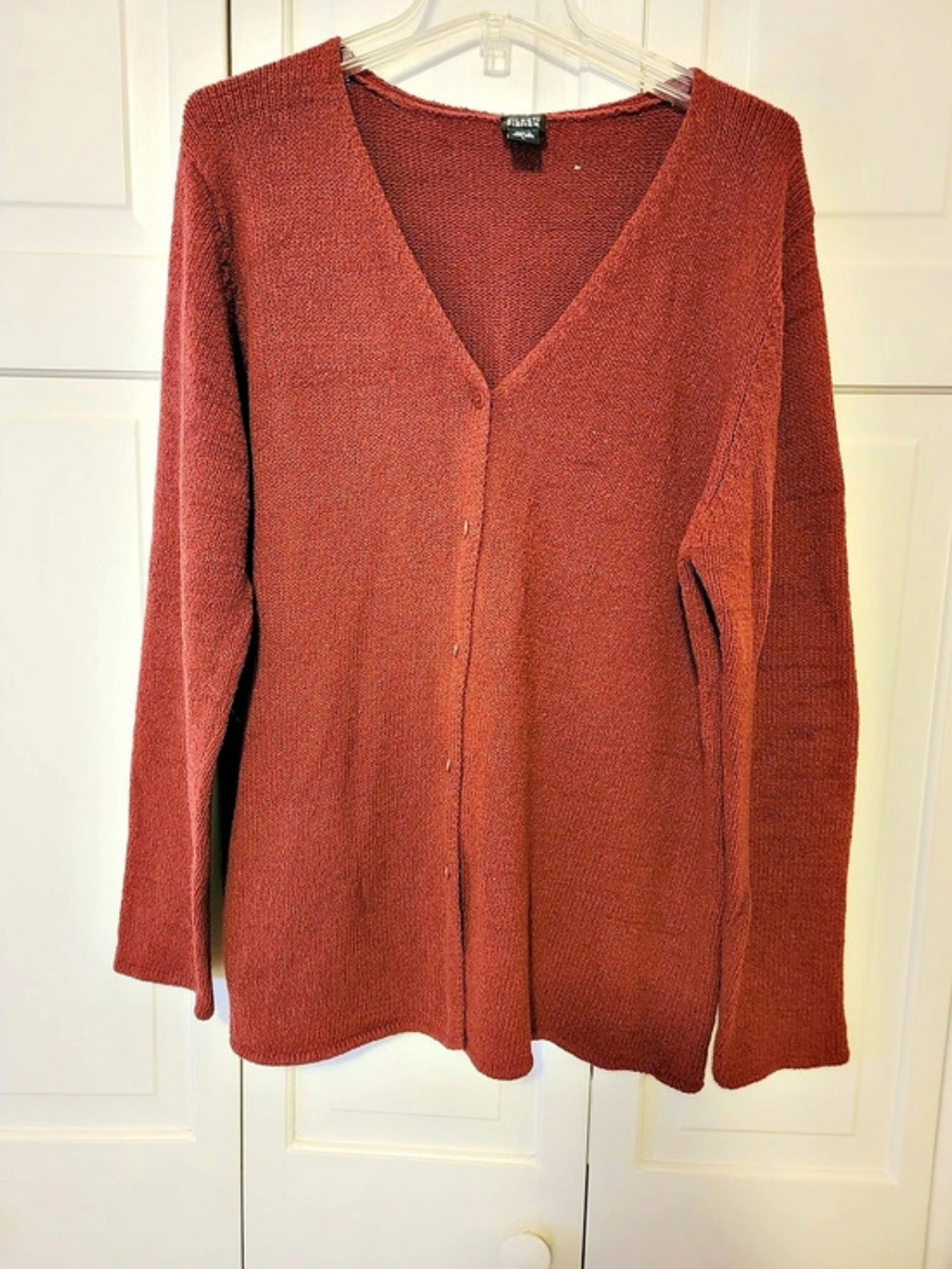 Eileen Fisher V-Neck Button Front Sweater in Dark Red Large
